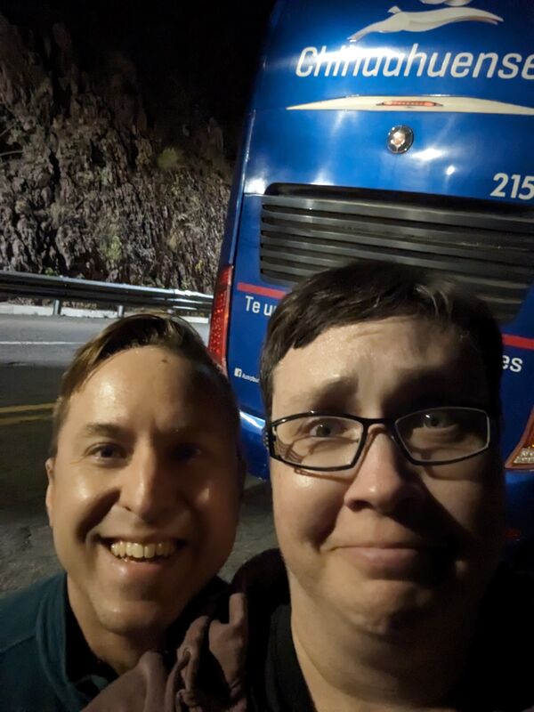 A little late night reaction shot, Lenore and I standing outside the bus after a much-needed... uh... break.
